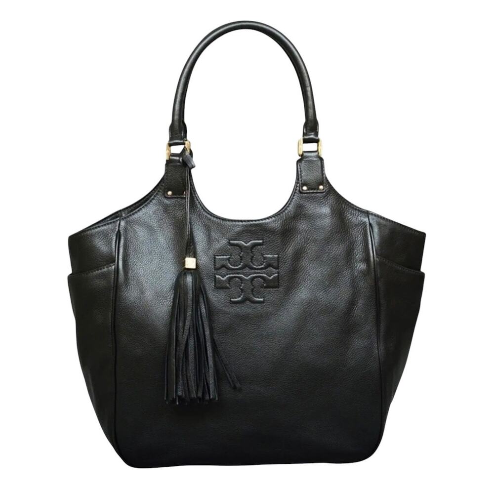 Tory Burch Thea Round Tassel Tote Black Pebbled Leather Hobo Bag
